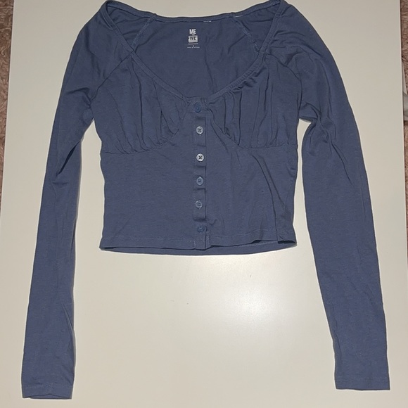 Women’s Me To We Blue Long Sleeve Buster Button Down Crop Top S - Picture 2 of 9